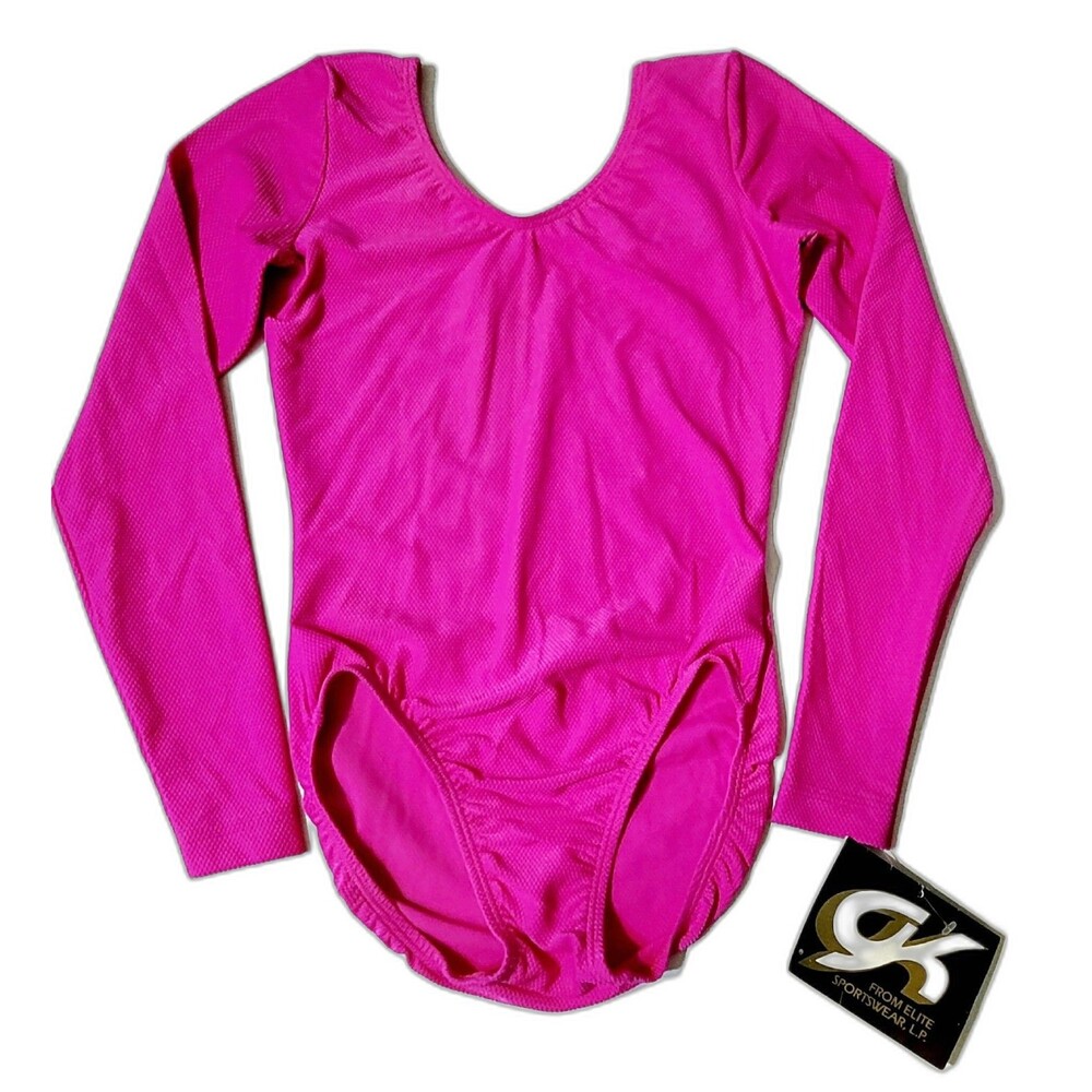 GK Elite VTG 90s AS Bright Pink Waffle Leotard Stretch Long Sleeve NWT Adult S